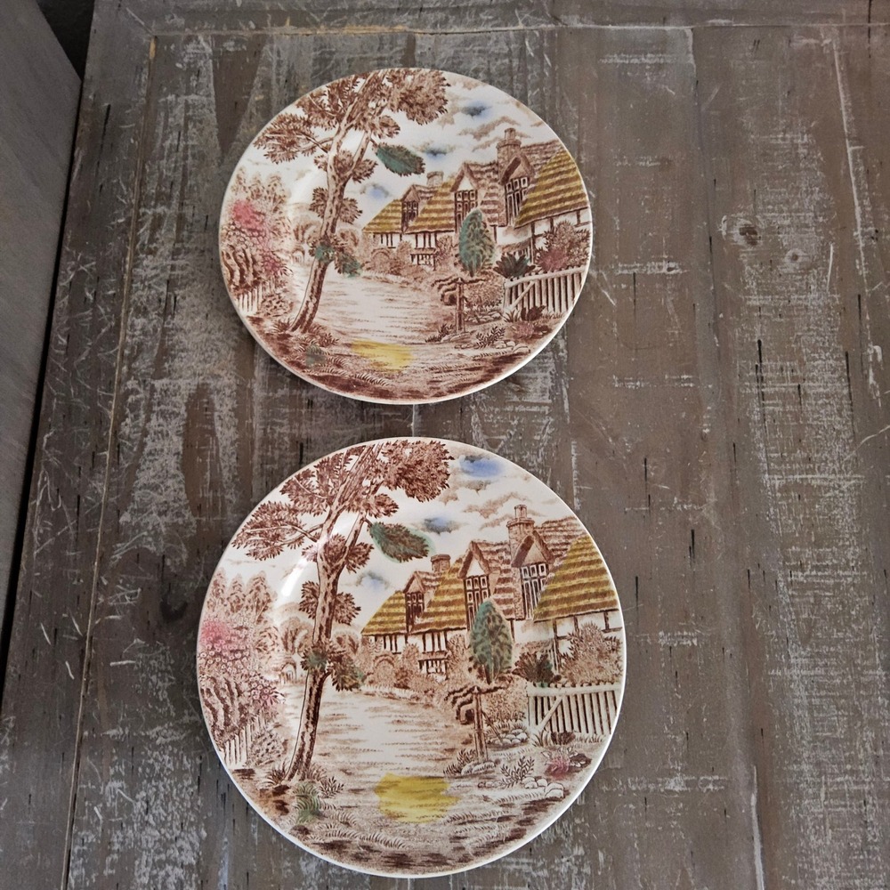 Vintage Japan English Cottage Scenic Plates Set of 2 Cottage Scene Transferware